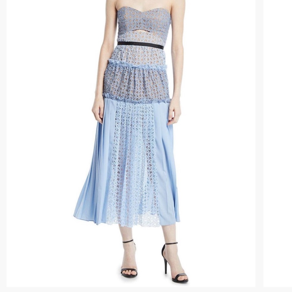 Self-Portrait Strapless Light Blue Lace Maxi Dress